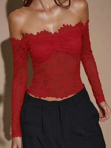 SHEIN BAE Women's Lace Sexy Sheer Hollow Out Off-Shoulder Long Sleeve Top, Wine Red, Suitable For Christmas, Halloween, Day Of The Dead, Autumn/Winter Layering