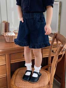 DAZY Young Girl Plain Slant Pocket Elastic Waist Ruffle Hem Washed Denim Jeans - Blue - View 1