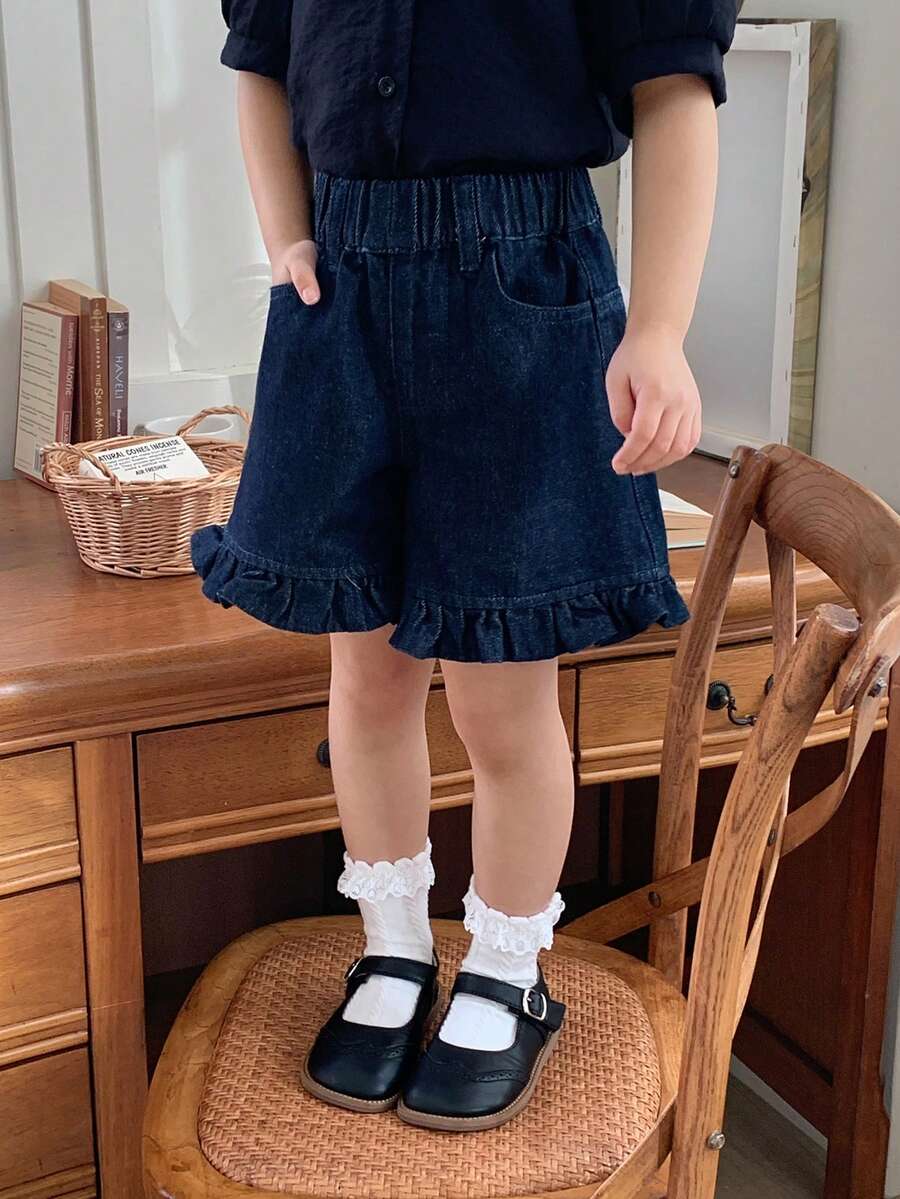 DAZY Young Girl Plain Slant Pocket Elastic Waist Ruffle Hem Washed Denim Jeans - Blue - View 1