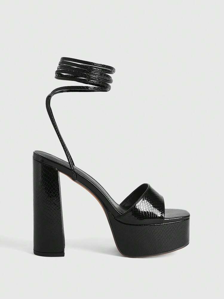 CUCCOO LuxiPop Stylish And Sexy Women's Thick-Heeled High-Heeled Sandals, Water Drop-Shaped Design, Snake Pattern Sexy Cross-Lace-Up Dance Shoes, Nightclub Banquet High Heels