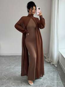 SHEIN Raffinéa 女士优雅高领灯笼袖连衣裙 - 彩色 - 查看 3
