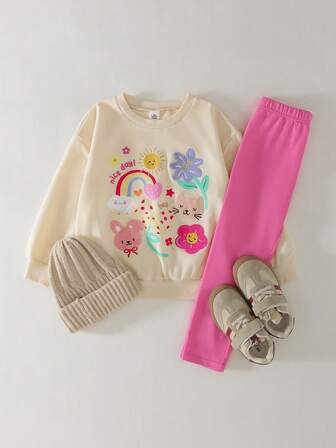 THE HAPPY LOOK Conjunto rosa lindo, patrón de animal abstracto de dibujos animados adorable bordado, sudadera de cuello redondo de manga larga suave y cómoda, y leggings casuales para niña, adecuados para uso diario en otoño/invierno, Año Nuevo, viajes, hogar, vacaciones, Día de San Valentín