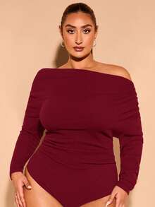 SHEIN BAE 加大码秋季黑色露肩不对称天鹅绒罗纹褶皱长袖连体衣优雅性感，适合约会和外出，适合冬季 - 酒紅色 - 查看 1