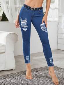 SHEIN Essnce Damen Einfarbige Minimalistische Alltagsjeans - Dunkle Waschung - Übersicht 4