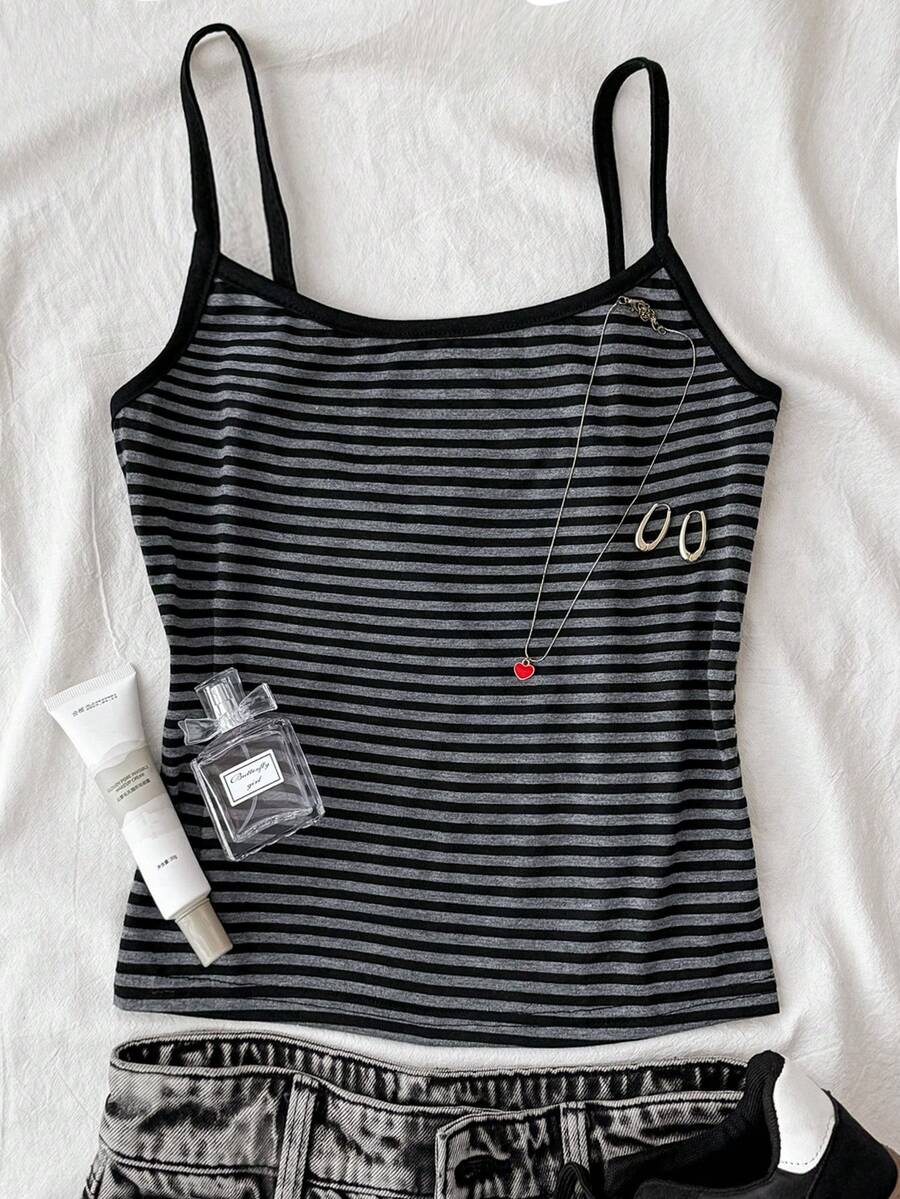 少女针织黑灰条纹修身休闲简约吊带背心 - 彩色 - 查看 1