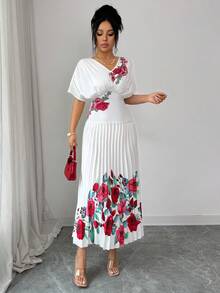 Elenzga Đầm in hoa hồng cổ chữ V thanh lịch và tinh tế với phần eo xếp ly tạo hiệu ứng thon gọn. Đầm trắng thanh lịch, đầm in hoa, đầm hoa trắng, đầm xếp ly, đầm dài họa tiết hoa cho nữ, đầm in hoa hồng trắng, đầm hè xếp ly, đầm hoa mùa xuân, đầm thanh lịch cho nữ. - màu đen - Xem 8