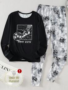 2件套青少年男童休闲舒适柔软亲肤酷炫涂鸦足球印花圆领长袖长裤针织弹力面料睡衣套装 - 彩色 - 查看 1