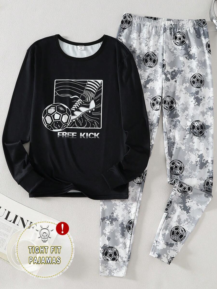 2件套青少年男童休闲舒适柔软亲肤酷炫涂鸦足球印花圆领长袖长裤针织弹力面料睡衣套装 - 彩色 - 查看 1