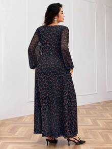 Modelyn Plus Size Women V-Neck Floral Print Lace Patchwork Elegant Waist Cinched Party Lantern Sleeve Dress - Navy Blue - View 2