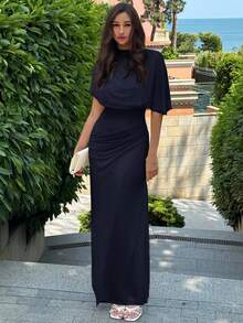 Aloruh Đầm dài thanh lịch, tối giản, thời trang công sở, thiết kế eo chun, xếp ly nhiều lớp, tôn dáng, thích hợp cho công sở, hẹn hò, du lịch. - Màu xanh hải quân - Xem 4