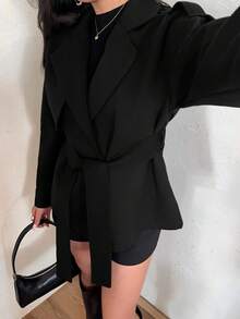 Aloruh Women's Solid Color Lapel NeckLong Sleeve Casual Overcoat, Autumn/Winter - Black - View 3