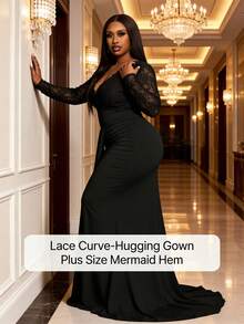 Veslaya 秋冬新款 Y2K 复古优雅精致基础款日常鸡尾酒会假日通勤大码奢华派对优雅纯色修身法式优雅休闲长款蕾丝长袖连衣裙，适合大码女性，适合派对场合 - 黑色连衣裙 黑色大码正式礼服 大码晚礼服 曲线正式晚礼服 曲线连衣裙 黑色蕾丝长袖连衣裙 黑色长款连衣裙 情人节装扮 - 黑色 - 查看 4