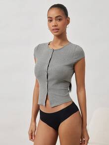 Ocili Women's Solid Color Knit Crew Neck Short Sleeve Fitted T-Shirt, Casual Homewear Top - Grey - View 6
