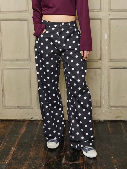COUREZ Low Rise Medium Balloon Jeans In Polka Dot Print / Y2K Street Streetwear Cute Baggy Oversized Jeans  Spring Holiday  Spring Clothes For Women Baggy Jeans