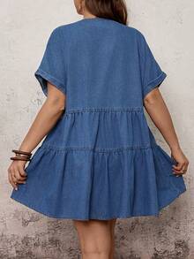 EMERY ROSE EMERY ROSE Plus Size Women's V-Neck Batwing Short Sleeve Ruffle Hem Loose Denim Dress,Dark Blue,Summer,Boho,Vacation,Holiday Beach Casual Party Cocktail Outfits - Blue - View 3