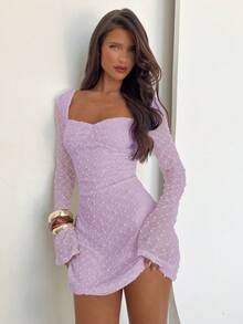 Aloruh Women's Elegant Square Neck Ruched Flare Sleeve Fitted A-Line Mini Dress - Lilac Purple - View 5