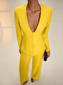 RueChic Women's Incaberry Yellow Suit Set – Fitted Waist Blazer With Self-Fabric Buttons, Long Sleeve, High Waisted Tailored Pants, Elegant Two Pieces Office Outfit - Yellow - View 4