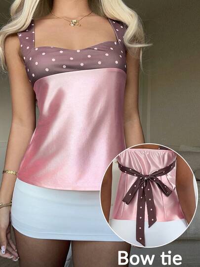 CovetEZ Women's Clothing 2026 New Sweet Casual Party Glossy Satin Pink Polka Dot Color Block Patchwork Back Tie-Up Camisole Top