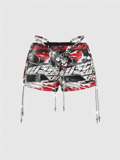 ROMWE Avant سروال قصير نسائي بخصر منخفض للغاية بأشرطة سلسلة بطراز راكب الدراجة النارية الرجعي الجذاب