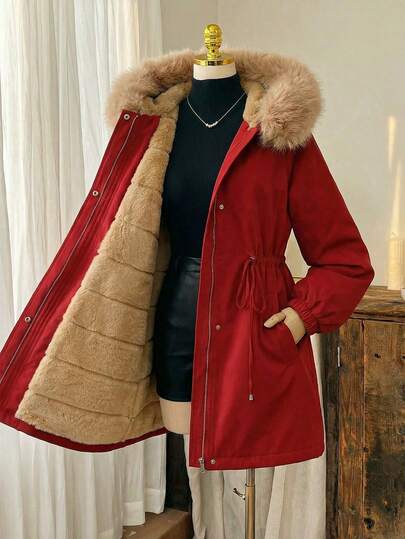 SHEIN Clasi معطف قطني مبطن بفرو أرنب مقلد مع رباط خصر للسيدات ذوات الحجم الكبير، أكمام طويلة، ياقة فرو، جيوب متعددة الوظائف، مريح وناعم ودافئ للحماية من البرد في فصل الشتاء، مناسب للخروج في الخريف والشتاء