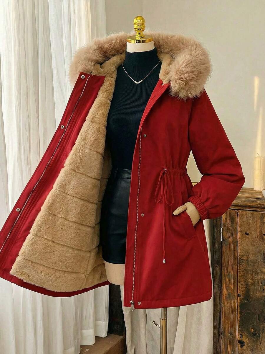 SHEIN Clasi 大码女式红色束腰长袖抽绳仿兔毛绗缝连帽拉链棉质外套，配有多功能口袋和毛领，舒适柔软保暖，抵御寒冷，适合冬季、秋季、冬季、外出、冬季、办公室等各种场合，尽显复古绅士风范。