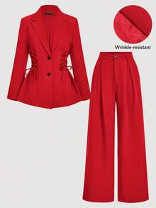 SHEIN MOD Setelan Jas dan Celana Motif Vintage dengan Tali Pengikat - Merah - View 1