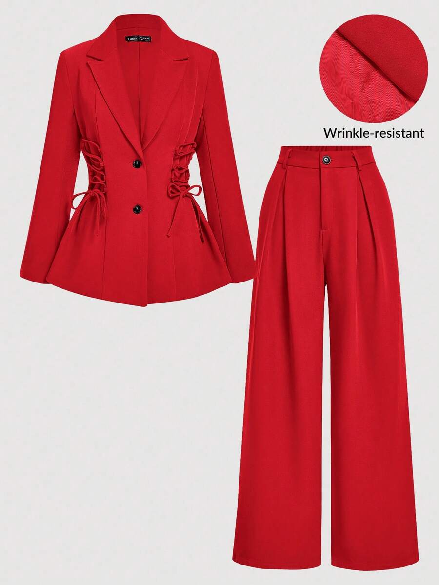 SHEIN MOD Setelan Jas dan Celana Motif Vintage dengan Tali Pengikat - Merah - View 1
