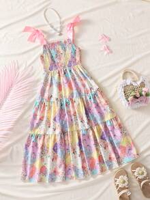 少女休闲优雅度假碎花吊带长裙，方领蝴蝶结装饰，可爱设计，适合外出、度假、上学、日常穿着，春夏秋季皆宜。 - 彩色 - 查看 9