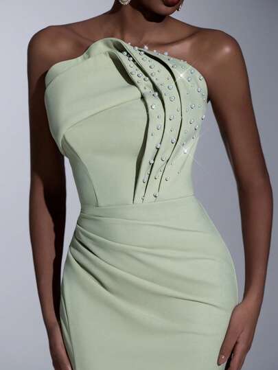 Elitara Elegant And Charming Light Green Stretch Knit Dress With Handmade Pearl Embellishments, Asymmetrical Neckline, Sexy Slit, Fishtail Skirt With Pleats And Train. Suitable For Weddings, Bachelor/Bachelor Parties, Vacations, Proms, Music Parties, Formal Occasions And Dinners.