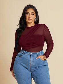 SHEIN BAE 加大码黑色不对称系带长袖透视女式紧身衣，适合鸡尾酒会、浪漫约会、秋冬打底、派对、正式聚会、网眼紧身衣、7 月 4 日曲线、女士度假服装、女士生日服装、女士机场服装、女士婚礼宾客礼服、7 月 4 日女士、女士夏装、女士性感俱乐部服装、狂欢节服装、女士性感俱乐部服装、毕业典礼 - 酒紅色 - 查看 2