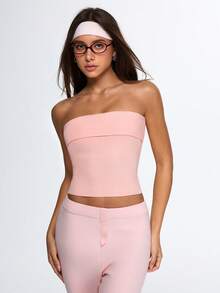 Eassivo Kurzer, anliegender einfarbiger Lässig Strickpullover - Pink - Übersicht 5