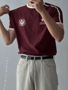 DAZY 男士字母印花撞色领T恤，酒红色，夏季 - 酒紅色 - 查看 3