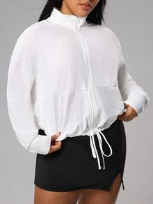 Rhythm Era Plus Size Solid Color Minimalist Casual Long Sleeve Sports Jacket - White - View 6