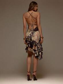 MUSERA Floral Animal Print Satin Lace Up Back Ruffle Asymmetric Hem Midi Dress Valentines Sexy Cute Party Romantic Night Out Occasion Winter Vacation - Multicolor - View 2