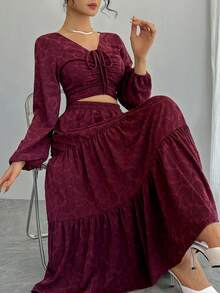 DAZY Women's Cashew Pattern Front Drawstring Lantern Sleeve Cropped Top And Skirt 2 Pieces Set Valentine's Day - Pink - View 9