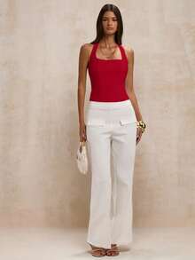 SHEIN BAE Blusa de mujer de unicolor con cuello halter y espalda descubierta, versátil y elegante para citas y fiestas - Rojo - Ver 3