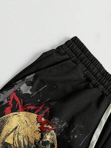 ROMWE MEN Pantalones cortos de hombre con estampado de anime lavado - Negro - Ver 5