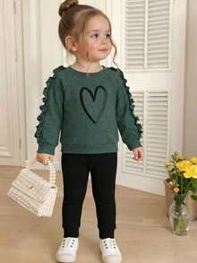 SHEIN Playful Pals 2pcs/Set Baby Girls Autumn New Ribbed Fabric Round Neck Long Sleeve Ruffle Trim Front Heart Print Casual Long Pants Simple Cute Homewear Matching Set - Multicolor - View 9
