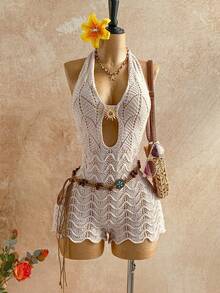 Soleia Women's Vacation Khaki Crochet Textured Halter V-Neck Metallic Accent Jumpsuit, Sexy Beach Romper For Holiday, Date, Beach Vacation, Wedding, Party, Cruise, City Getaway, Boho Vacation, Music Festival, Hippie, Western Crochet Romper Women Crochet Swimsuit Women