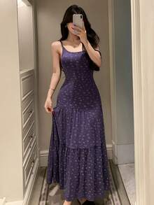 DAZY Đầm maxi dáng suông họa tiết hoa nhí phong cách nghỉ dưỡng dành cho nữ - Màu xanh lam - Xem 1