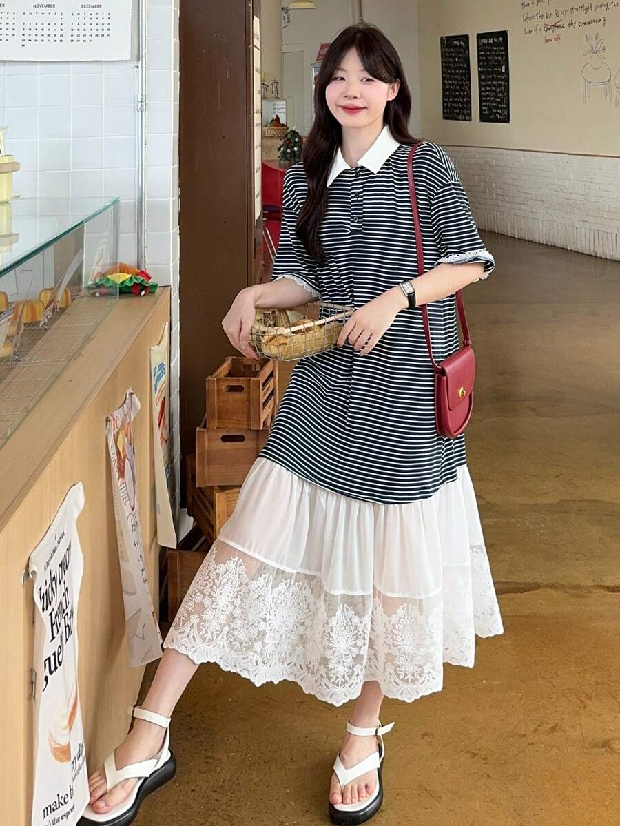 DAZY Vestido midi feminino com gola e listras coloridas, estilo coreano, primavera/verão. - Azul e branco - Ver 1