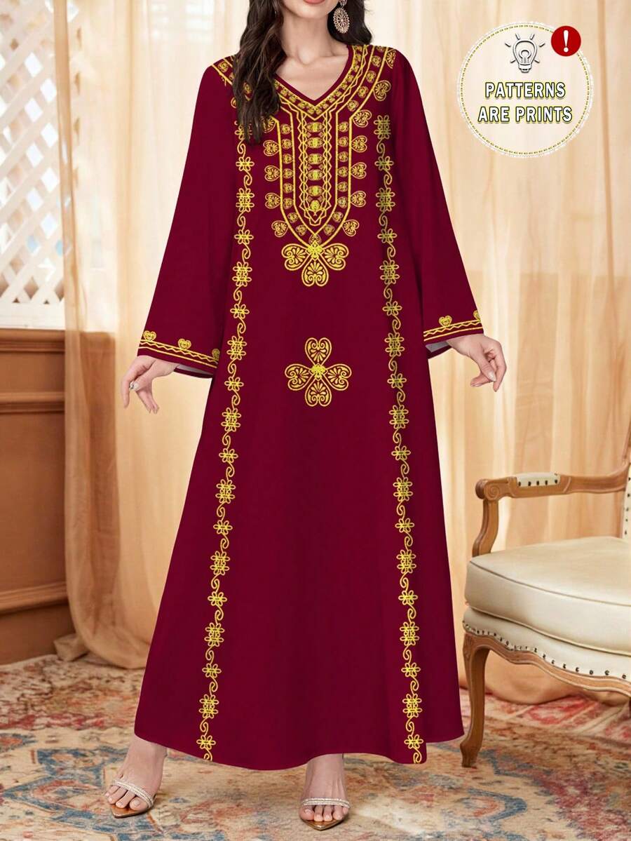 Al Najma 女士优雅V领长袖喇叭下摆印花连衣裙，舒适飘逸，适合居家、外出、度假、派对和聚会等场合。涤纶面料，飘逸连衣裙，复古连衣裙，女士长袖连衣裙。植物印花连衣裙，红色女士连衣裙 - 紅色 - 查看 1