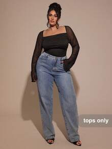 SHEIN BAE 大码女式秋冬针织弹力褶皱连体衣 - 黑色 - 查看 5