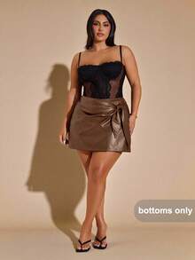 SHEIN BAE Váy da PU thắt nút đơn giản, đa năng, màu trơn, thời trang dành cho nữ cỡ lớn khi đi làm - màu nâu - Xem 5