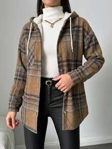 EURMUSE Cotton Ladies' Plaid Drawstring Hooded Regular-Fit Jacket - Brown - View 3