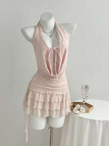 Elamini Robe décontractée élégante et sexy pour femmes, en maille et dentelle, avec bretelles nouées, col drapé profond, tissu texturé, ourlet à volants, robe patineuse - Rose bonbon - Voir 4