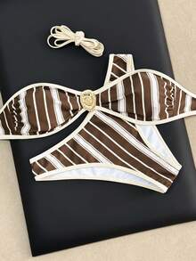 Swim Chiccia 时尚性感条纹印花比基尼套装，胸前饰有珠宝设计，夏季热门沙滩泳装 - 彩色 - 查看 11