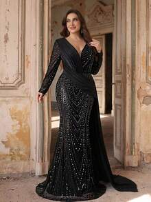 Große Größen elegantes luxuriöses schwarzes Pailletten- & Satin-Patchwork-Kleid mit tiefem V-Ausschnitt, geraffter Passform und Fischschwanzsaum, geeignet für Abendpartys, Dates, Bälle, Urlaub, Hochzeiten, formelle Anlässe (stark verziert), Valentinstag - Schwarz - Übersicht 8
