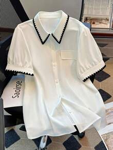 SHEIN LUNE CURVE Camisa corta con cuello vuelto y bordado para tallas grandes - Blanco - Ver 3