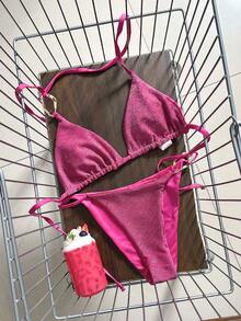 Swim Mod Bộ bikini màu hồng ánh kim dễ thương cho nữ - Hồng - Xem 1